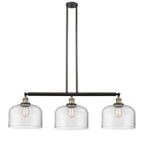 213-BAB-G72-L 3-Light 42" Black Antique Brass Island Light - Clear X-Large Bell Glass - LED Bulb - Dimmensions: 42 x 12 x 13<br>Minimum Height : 22.25<br>Maximum Height : 46.25 - Sloped Ceiling Compatible: Yes