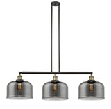 213-BAB-G73-L 3-Light 42" Black Antique Brass Island Light - Plated Smoke X-Large Bell Glass - LED Bulb - Dimmensions: 42 x 12 x 13<br>Minimum Height : 22.25<br>Maximum Height : 46.25 - Sloped Ceiling Compatible: Yes