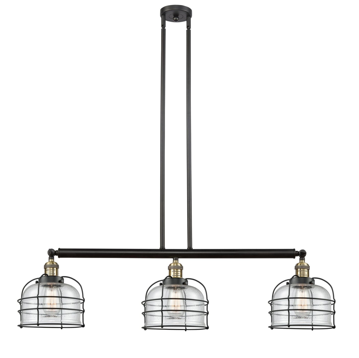 3-Light 41.5" Black Antique Brass Island Light - Seedy Large Bell Cage Glass LED
