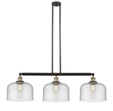 213-BAB-G74-L 3-Light 42" Black Antique Brass Island Light - Seedy X-Large Bell Glass - LED Bulb - Dimmensions: 42 x 12 x 13<br>Minimum Height : 22.25<br>Maximum Height : 46.25 - Sloped Ceiling Compatible: Yes