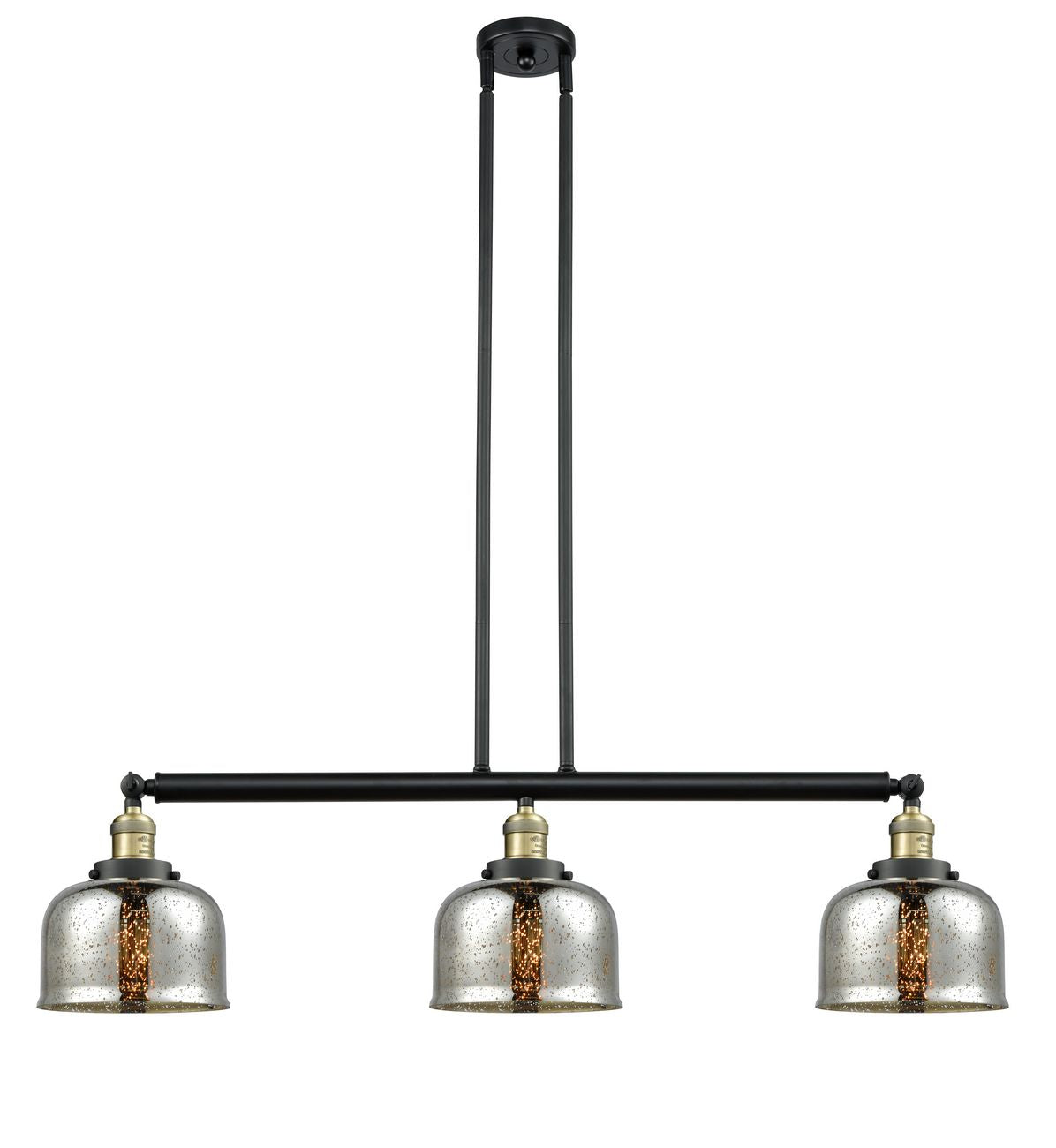 213-BAB-G78 3-Light 40.5" Black Antique Brass Island Light - Silver Plated Mercury Large Bell Glass - LED Bulb - Dimmensions: 40.5 x 8 x 13<br>Minimum Height : 20<br>Maximum Height : 44 - Sloped Ceiling Compatible: Yes