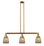 213-BB-G146 3-Light 38.75" Brushed Brass Island Light - Mercury Plated Chatham Glass - LED Bulb - Dimmensions: 38.75 x 6.25 x 10<br>Minimum Height : 22.25<br>Maximum Height : 46.25 - Sloped Ceiling Compatible: Yes
