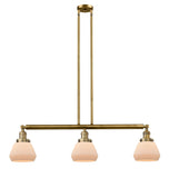 213-BB-G171 3-Light 39.25" Brushed Brass Island Light - Matte White Cased Fulton Glass - LED Bulb - Dimmensions: 39.25 x 6.75 x 10<br>Minimum Height : 19.5<br>Maximum Height : 43.5 - Sloped Ceiling Compatible: Yes