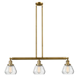 213-BB-G172 3-Light 39.25" Brushed Brass Island Light - Clear Fulton Glass - LED Bulb - Dimmensions: 39.25 x 6.75 x 10<br>Minimum Height : 19.5<br>Maximum Height : 43.5 - Sloped Ceiling Compatible: Yes