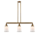 213-BB-G181 3-Light 38.5" Brushed Brass Island Light - Matte White Canton Glass - LED Bulb - Dimmensions: 38.5 x 6 x 11<br>Minimum Height : 21.5<br>Maximum Height : 45.5 - Sloped Ceiling Compatible: Yes