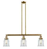 213-BB-G182 3-Light 38.5" Brushed Brass Island Light - Clear Canton Glass - LED Bulb - Dimmensions: 38.5 x 6 x 11<br>Minimum Height : 21.5<br>Maximum Height : 45.5 - Sloped Ceiling Compatible: Yes