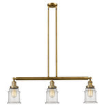 213-BB-G184 3-Light 38.5" Brushed Brass Island Light - Seedy Canton Glass - LED Bulb - Dimmensions: 38.5 x 6 x 11<br>Minimum Height : 21.5<br>Maximum Height : 45.5 - Sloped Ceiling Compatible: Yes