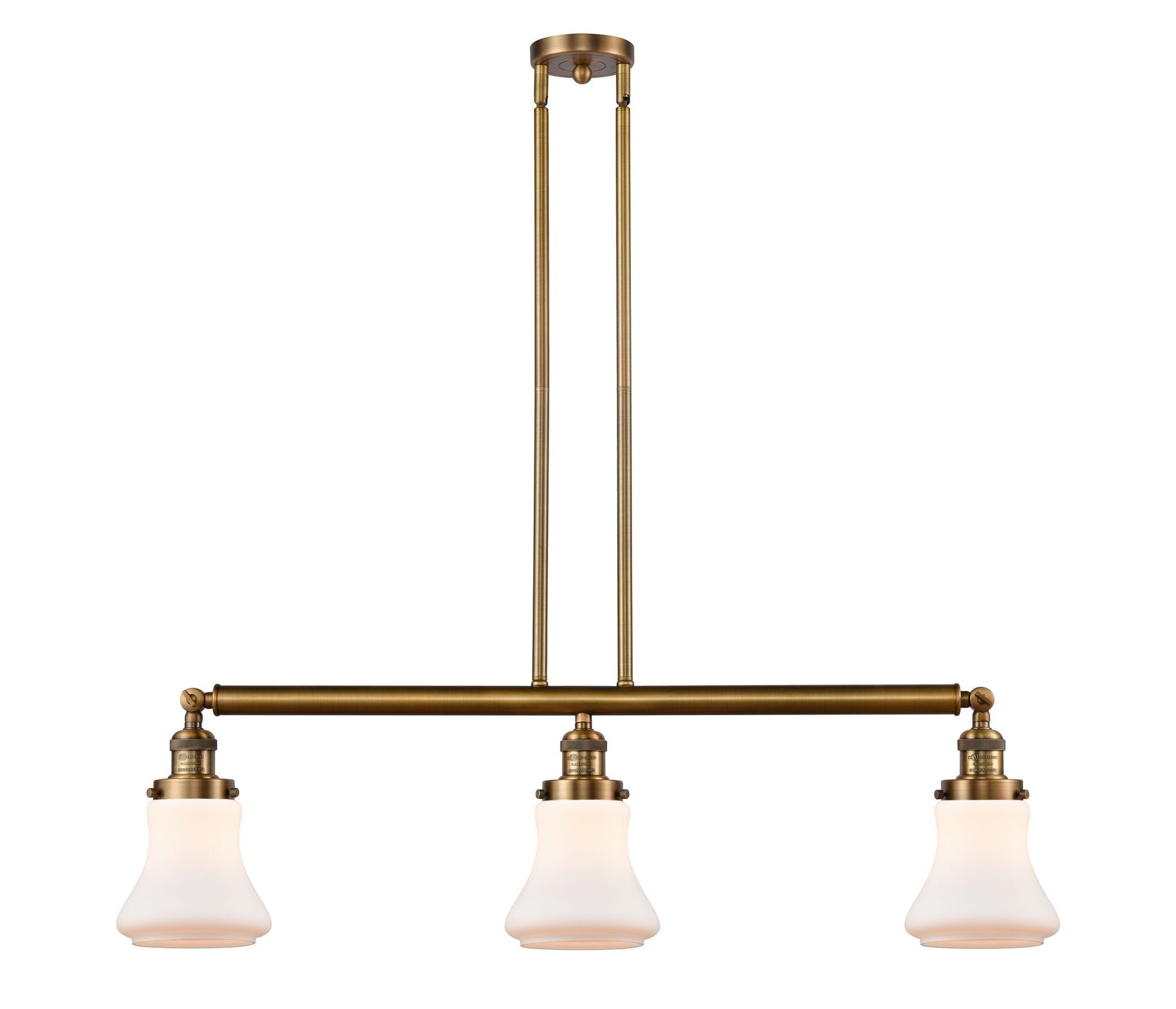213-BB-G191 3-Light 38.75" Brushed Brass Island Light - Matte White Bellmont Glass - LED Bulb - Dimmensions: 38.75 x 6.25 x 11<br>Minimum Height : 20.5<br>Maximum Height : 44.5 - Sloped Ceiling Compatible: Yes