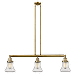 213-BB-G192 3-Light 38.75" Brushed Brass Island Light - Clear Bellmont Glass - LED Bulb - Dimmensions: 38.75 x 6.25 x 11<br>Minimum Height : 20.5<br>Maximum Height : 44.5 - Sloped Ceiling Compatible: Yes