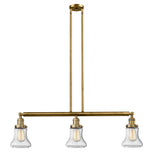213-BB-G194 3-Light 38.75" Brushed Brass Island Light - Seedy Bellmont Glass - LED Bulb - Dimmensions: 38.75 x 6.25 x 11<br>Minimum Height : 20.5<br>Maximum Height : 44.5 - Sloped Ceiling Compatible: Yes
