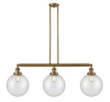 213-BB-G204-10 3-Light 42" Brushed Brass Island Light - Seedy Beacon Glass - LED Bulb - Dimmensions: 42 x 10 x 14<br>Minimum Height : 24<br>Maximum Height : 48 - Sloped Ceiling Compatible: Yes