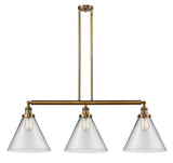 213-BB-G42-L 3-Light 44" Brushed Brass Island Light - Clear Cone 12" Glass - LED Bulb - Dimmensions: 44 x 12 x 16<br>Minimum Height : 24.25<br>Maximum Height : 48.25 - Sloped Ceiling Compatible: Yes