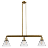 213-BB-G42 3-Light 40.25" Brushed Brass Island Light - Clear Large Cone Glass - LED Bulb - Dimmensions: 40.25 x 7.75 x 10<br>Minimum Height : 20.25<br>Maximum Height : 44.25 - Sloped Ceiling Compatible: Yes