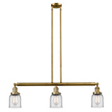 213-BB-G52 3-Light 37.5" Brushed Brass Island Light - Clear Small Bell Glass - LED Bulb - Dimmensions: 37.5 x 5 x 10<br>Minimum Height : 20<br>Maximum Height : 44 - Sloped Ceiling Compatible: Yes