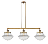 213-BB-G542 3-Light 42" Brushed Brass Island Light - Clear Large Oxford Glass - LED Bulb - Dimmensions: 42 x 12 x 12<br>Minimum Height : 22.375<br>Maximum Height : 46.375 - Sloped Ceiling Compatible: Yes