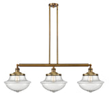 213-BB-G544 3-Light 42" Brushed Brass Island Light - Seedy Large Oxford Glass - LED Bulb - Dimmensions: 42 x 12 x 12<br>Minimum Height : 22.375<br>Maximum Height : 46.375 - Sloped Ceiling Compatible: Yes
