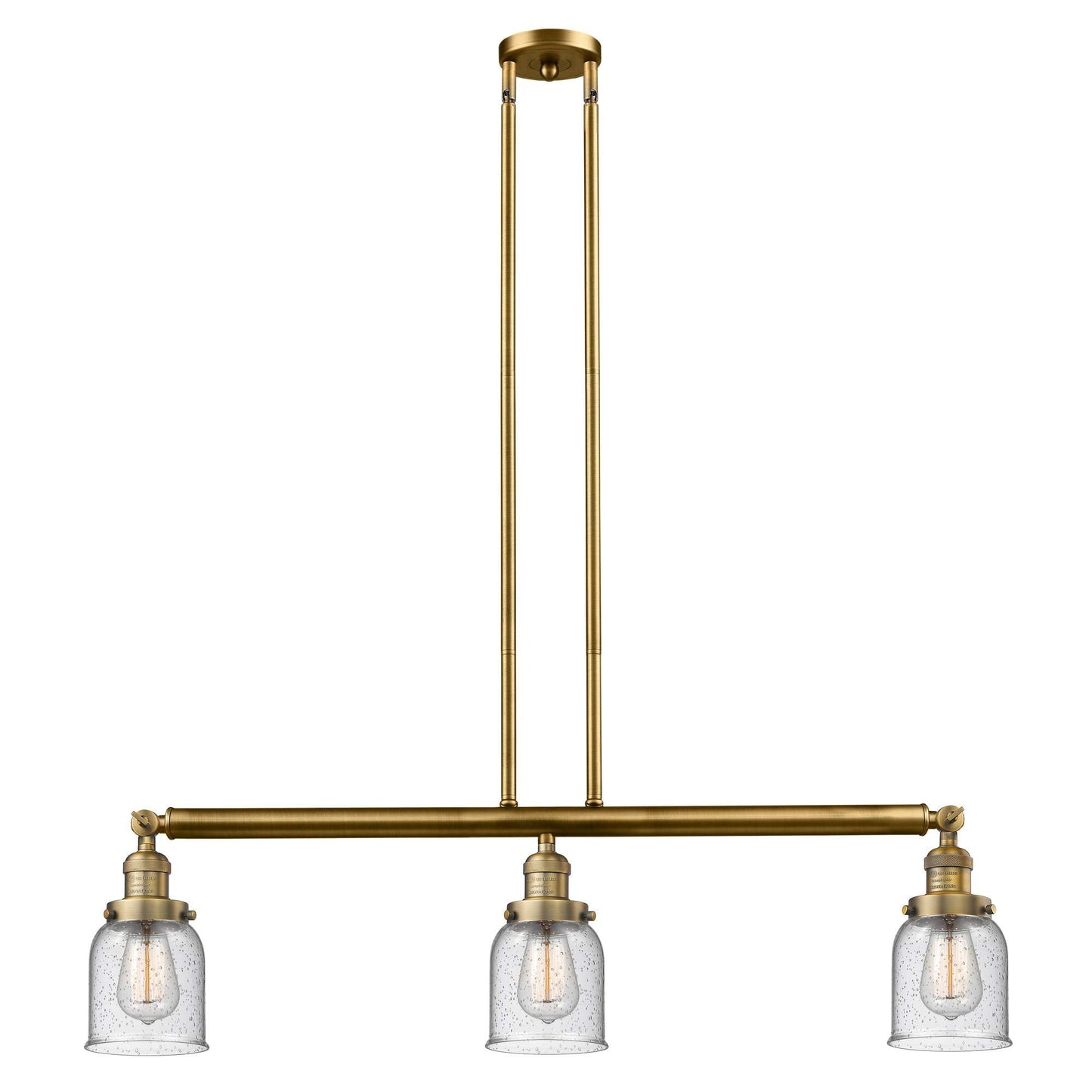 213-BB-G54 3-Light 37.5" Brushed Brass Island Light - Seedy Small Bell Glass - LED Bulb - Dimmensions: 37.5 x 7.5 x 10<br>Minimum Height : 20<br>Maximum Height : 44 - Sloped Ceiling Compatible: Yes