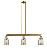 213-BB-G58 3-Light 37.5" Brushed Brass Island Light - Silver Plated Mercury Small Bell Glass - LED Bulb - Dimmensions: 37.5 x 5 x 10<br>Minimum Height : 20<br>Maximum Height : 44 - Sloped Ceiling Compatible: Yes