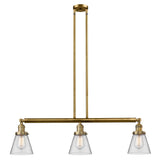 213-BB-G62 3-Light 38.75" Brushed Brass Island Light - Clear Small Cone Glass - LED Bulb - Dimmensions: 38.75 x 6 x 10<br>Minimum Height : 20<br>Maximum Height : 44 - Sloped Ceiling Compatible: Yes