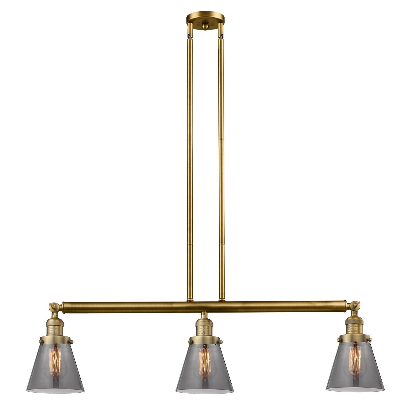 213-BB-G63 3-Light 38.75" Brushed Brass Island Light - Plated Smoke Small Cone Glass - LED Bulb - Dimmensions: 38.75 x 6 x 10<br>Minimum Height : 20<br>Maximum Height : 44 - Sloped Ceiling Compatible: Yes