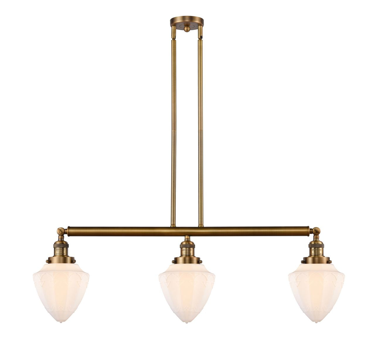 213-BB-G661-7 3-Light 38" Brushed Brass Island Light - Matte White Cased Small Bullet Glass - LED Bulb - Dimmensions: 38 x 7 x 15.25<br>Minimum Height : 24.25<br>Maximum Height : 48.25 - Sloped Ceiling Compatible: Yes