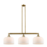 213-BB-G71-L 3-Light 42" Brushed Brass Island Light - Matte White Cased X-Large Bell Glass - LED Bulb - Dimmensions: 42 x 12 x 13<br>Minimum Height : 22.25<br>Maximum Height : 46.25 - Sloped Ceiling Compatible: Yes