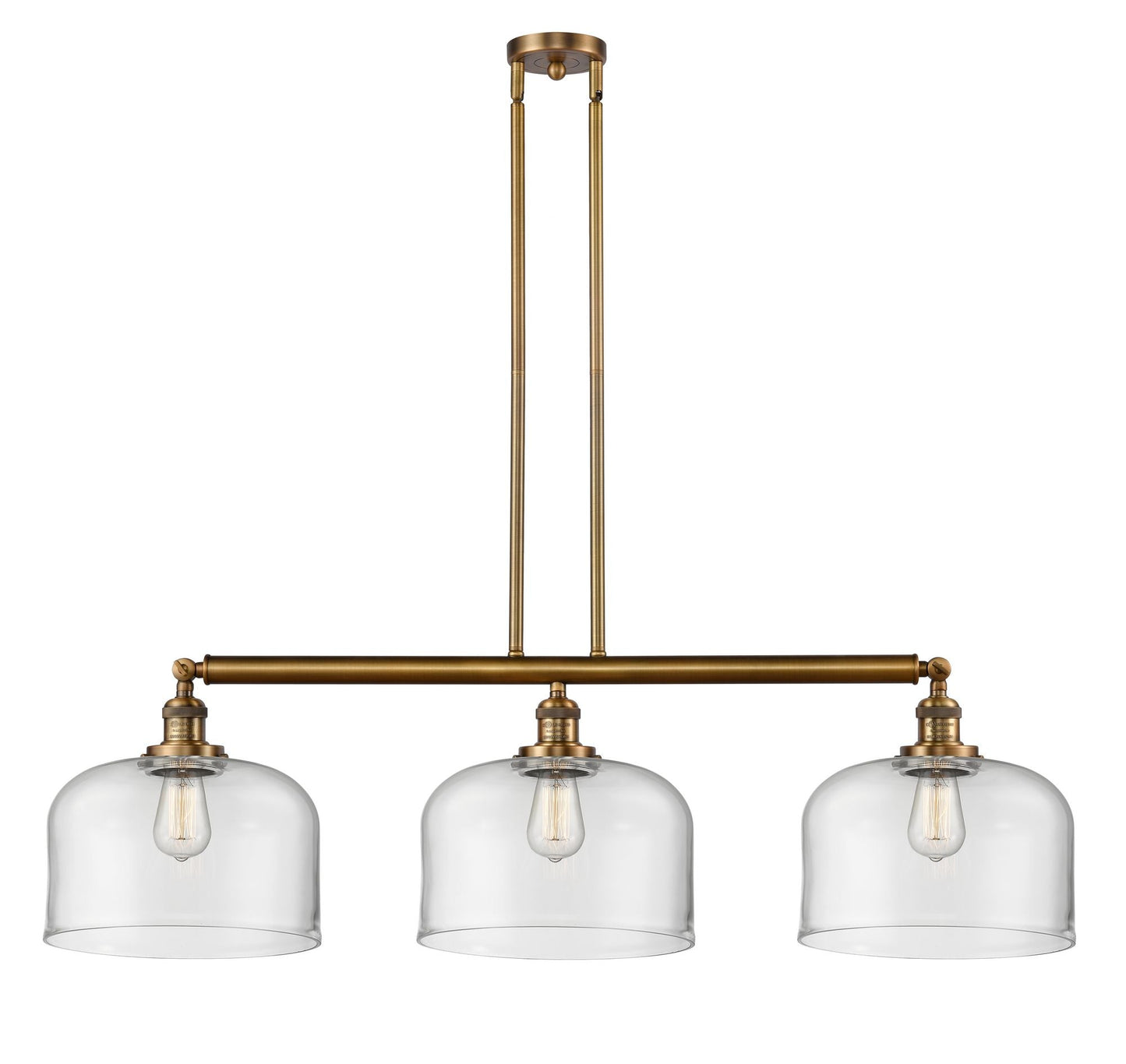 213-BB-G72-L 3-Light 42" Brushed Brass Island Light - Clear X-Large Bell Glass - LED Bulb - Dimmensions: 42 x 12 x 13<br>Minimum Height : 22.25<br>Maximum Height : 46.25 - Sloped Ceiling Compatible: Yes