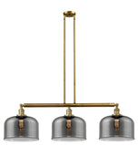 213-BB-G73-L 3-Light 42" Brushed Brass Island Light - Plated Smoke X-Large Bell Glass - LED Bulb - Dimmensions: 42 x 12 x 13<br>Minimum Height : 22.25<br>Maximum Height : 46.25 - Sloped Ceiling Compatible: Yes
