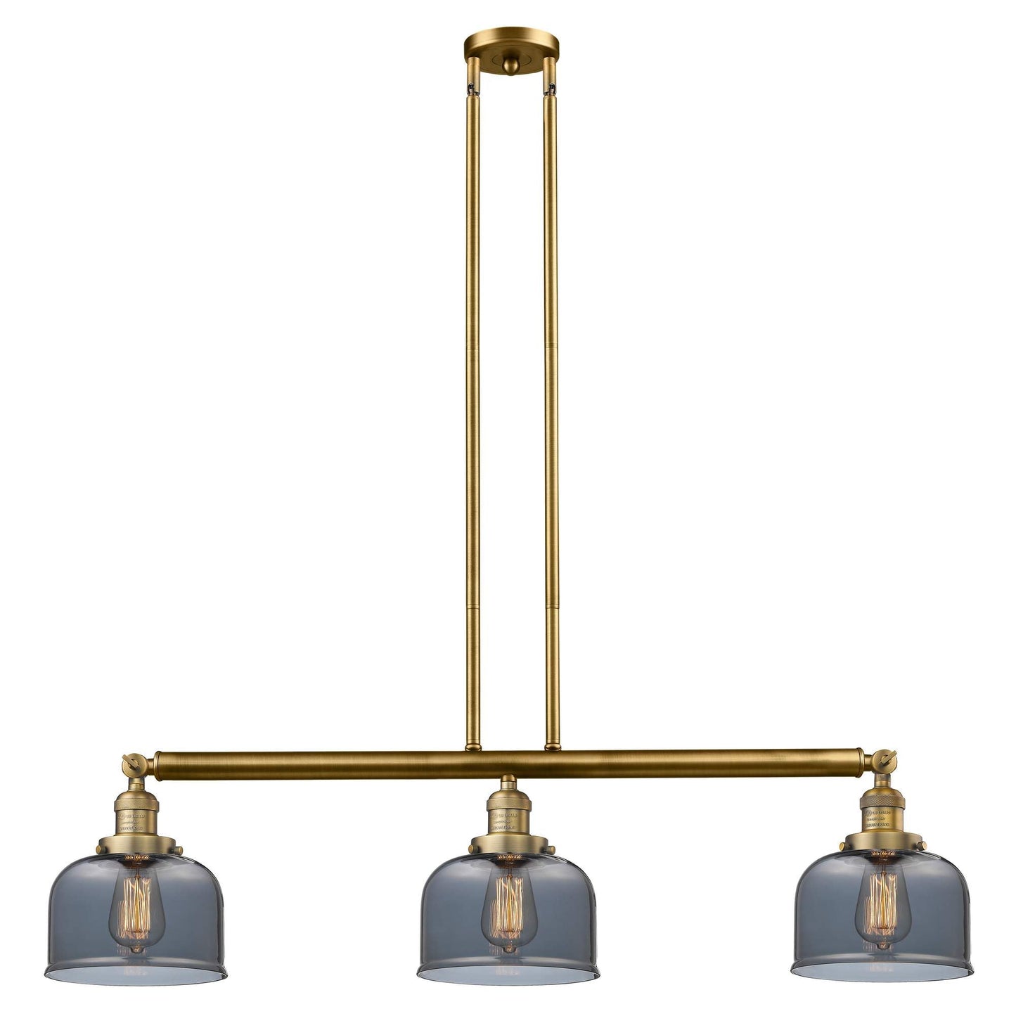 213-BB-G73 3-Light 40.5" Brushed Brass Island Light - Plated Smoke Large Bell Glass - LED Bulb - Dimmensions: 40.5 x 8 x 13<br>Minimum Height : 20<br>Maximum Height : 44 - Sloped Ceiling Compatible: Yes