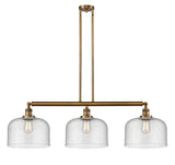 213-BB-G74-L 3-Light 42" Brushed Brass Island Light - Seedy X-Large Bell Glass - LED Bulb - Dimmensions: 42 x 12 x 13<br>Minimum Height : 22.25<br>Maximum Height : 46.25 - Sloped Ceiling Compatible: Yes