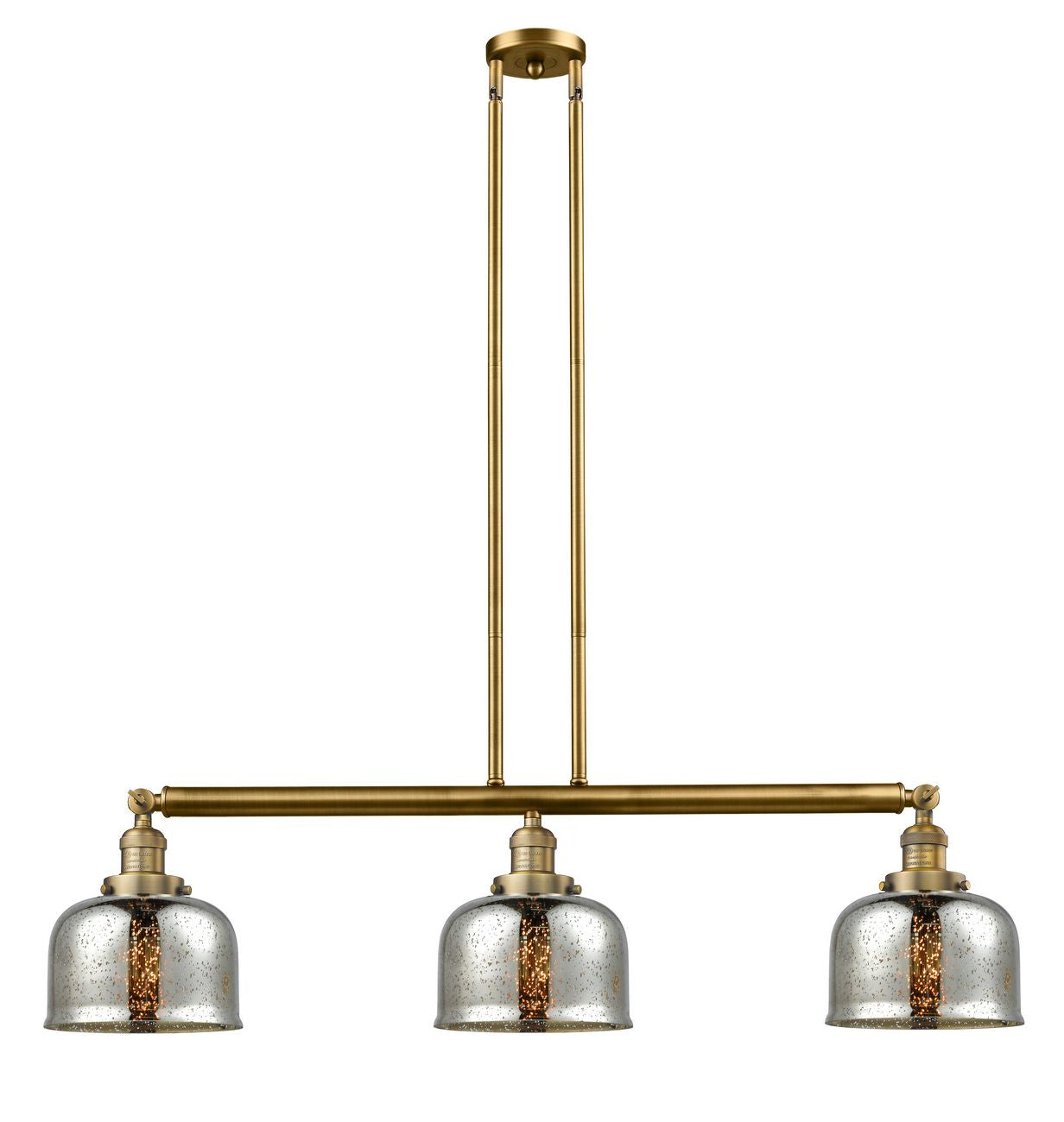 213-BB-G78 3-Light 40.5" Brushed Brass Island Light - Silver Plated Mercury Large Bell Glass - LED Bulb - Dimmensions: 40.5 x 8 x 13<br>Minimum Height : 20<br>Maximum Height : 44 - Sloped Ceiling Compatible: Yes