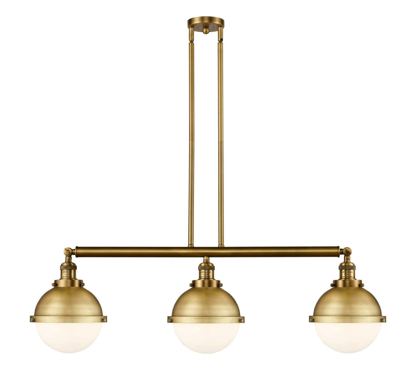 213-BB-HFS-81-BB 3-Light 41.5" Brushed Brass Island Light - Matte White Hampden Glass - LED Bulb - Dimmensions: 41.5 x 9 x 12.625<br>Minimum Height : 21.625<br>Maximum Height : 45.625 - Sloped Ceiling Compatible: Yes