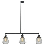 213-BK-G142 3-Light 38.75" Matte Black Island Light - Clear Chatham Glass - LED Bulb - Dimmensions: 38.75 x 6.25 x 10<br>Minimum Height : 21<br>Maximum Height : 45 - Sloped Ceiling Compatible: Yes