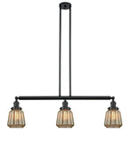 213-BK-G146 3-Light 38.75" Matte Black Island Light - Mercury Plated Chatham Glass - LED Bulb - Dimmensions: 38.75 x 6.25 x 10<br>Minimum Height : 22.25<br>Maximum Height : 46.25 - Sloped Ceiling Compatible: Yes