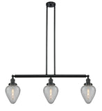 213-BK-G165 3-Light 38" Matte Black Island Light - Clear Crackle Geneseo Glass - LED Bulb - Dimmensions: 38 x 7 x 10<br>Minimum Height : 23<br>Maximum Height : 47 - Sloped Ceiling Compatible: Yes