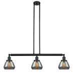 213-BK-G173 3-Light 39.25" Matte Black Island Light - Plated Smoke Fulton Glass - LED Bulb - Dimmensions: 39.25 x 6.75 x 10<br>Minimum Height : 19.5<br>Maximum Height : 43.5 - Sloped Ceiling Compatible: Yes