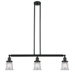 213-BK-G182S 3-Light 38.5" Matte Black Island Light - Clear Small Canton Glass - LED Bulb - Dimmensions: 38.5 x 6 x 11<br>Minimum Height : 19.75<br>Maximum Height : 43.75 - Sloped Ceiling Compatible: Yes