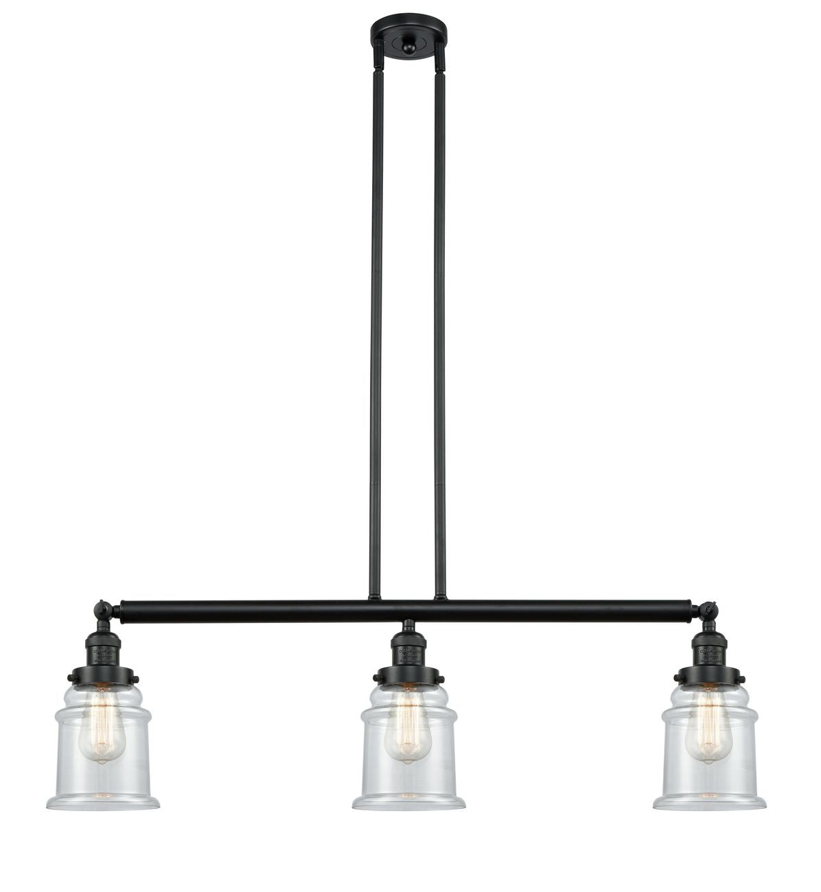 213-BK-G182 3-Light 38.5" Matte Black Island Light - Clear Canton Glass - LED Bulb - Dimmensions: 38.5 x 6 x 11<br>Minimum Height : 21.5<br>Maximum Height : 45.5 - Sloped Ceiling Compatible: Yes