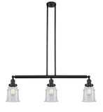 213-BK-G184 3-Light 38.5" Matte Black Island Light - Seedy Canton Glass - LED Bulb - Dimmensions: 38.5 x 6 x 11<br>Minimum Height : 21.5<br>Maximum Height : 45.5 - Sloped Ceiling Compatible: Yes