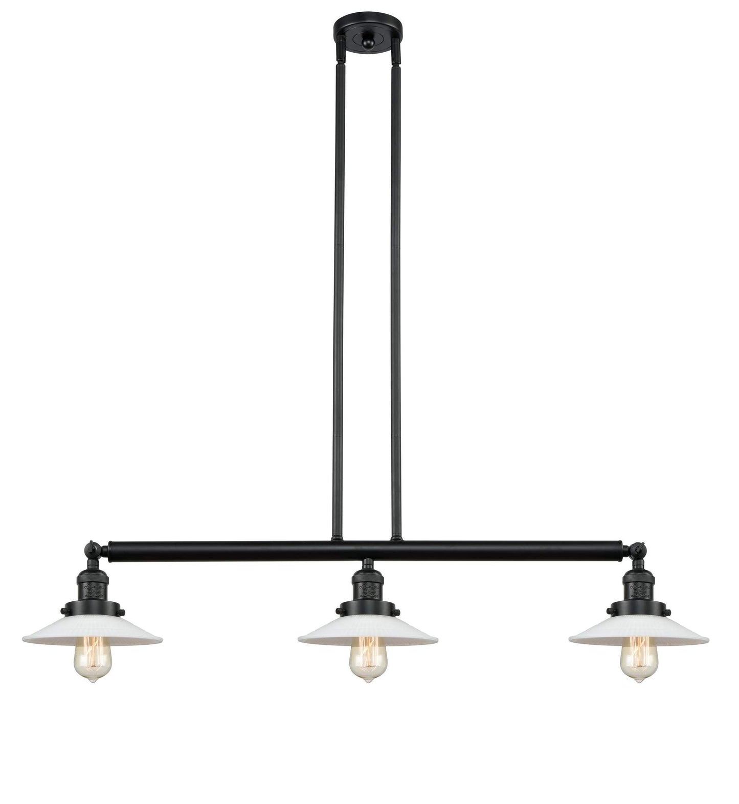 213-BK-G1 3-Light 41" Matte Black Island Light - White Halophane Glass - LED Bulb - Dimmensions: 41 x 8.5 x 8<br>Minimum Height : 16.25<br>Maximum Height : 40.25 - Sloped Ceiling Compatible: Yes