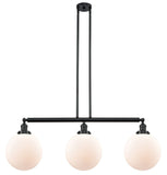 213-BK-G201-10 3-Light 42" Matte Black Island Light - Matte White Cased Beacon Glass - LED Bulb - Dimmensions: 42 x 10 x 14<br>Minimum Height : 24<br>Maximum Height : 48 - Sloped Ceiling Compatible: Yes