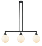 213-BK-G201-8 3-Light 40.5" Matte Black Island Light - Matte White Cased Beacon Glass - LED Bulb - Dimmensions: 40.5 x 8 x 12.875<br>Minimum Height : 22<br>Maximum Height : 46 - Sloped Ceiling Compatible: Yes