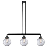213-BK-G202-8 3-Light 40.5" Matte Black Island Light - Clear Beacon Glass - LED Bulb - Dimmensions: 40.5 x 8 x 12.875<br>Minimum Height : 22<br>Maximum Height : 46 - Sloped Ceiling Compatible: Yes