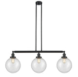 213-BK-G204-10 3-Light 42" Matte Black Island Light - Seedy Beacon Glass - LED Bulb - Dimmensions: 42 x 10 x 14<br>Minimum Height : 24<br>Maximum Height : 48 - Sloped Ceiling Compatible: Yes