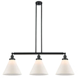 213-BK-G41-L 3-Light 44" Matte Black Island Light - Matte White Cased Cone 12" Glass - LED Bulb - Dimmensions: 44 x 12 x 16<br>Minimum Height : 24.25<br>Maximum Height : 48.25 - Sloped Ceiling Compatible: Yes