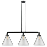 213-BK-G42-L 3-Light 44" Matte Black Island Light - Clear Cone 12" Glass - LED Bulb - Dimmensions: 44 x 12 x 16<br>Minimum Height : 24.25<br>Maximum Height : 48.25 - Sloped Ceiling Compatible: Yes