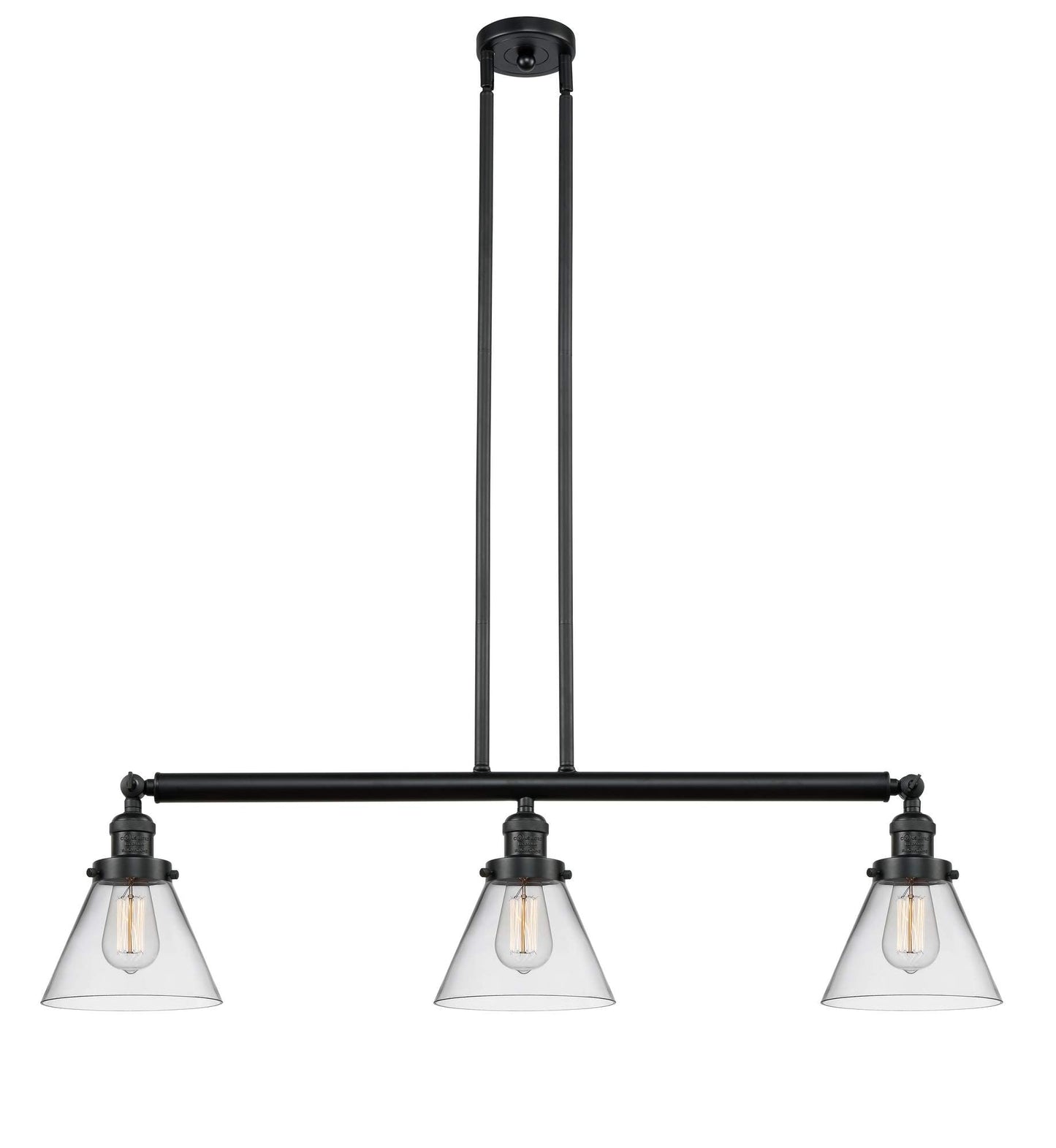 213-BK-G42 3-Light 40.25" Matte Black Island Light - Clear Large Cone Glass - LED Bulb - Dimmensions: 40.25 x 7.75 x 10<br>Minimum Height : 20.25<br>Maximum Height : 44.25 - Sloped Ceiling Compatible: Yes