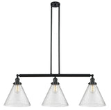 213-BK-G44-L 3-Light 44" Matte Black Island Light - Seedy Cone 12" Glass - LED Bulb - Dimmensions: 44 x 12 x 16<br>Minimum Height : 24.25<br>Maximum Height : 48.25 - Sloped Ceiling Compatible: Yes