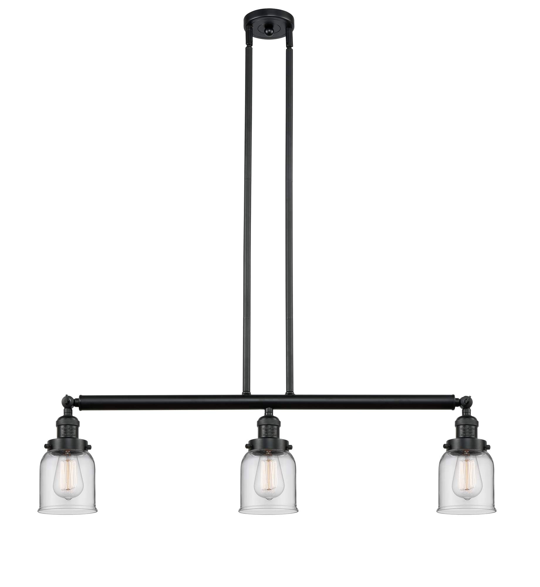 213-BK-G52 3-Light 37.5" Matte Black Island Light - Clear Small Bell Glass - LED Bulb - Dimmensions: 37.5 x 5 x 10<br>Minimum Height : 20<br>Maximum Height : 44 - Sloped Ceiling Compatible: Yes
