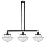213-BK-G542 3-Light 42" Matte Black Island Light - Clear Large Oxford Glass - LED Bulb - Dimmensions: 42 x 12 x 12<br>Minimum Height : 22.375<br>Maximum Height : 46.375 - Sloped Ceiling Compatible: Yes